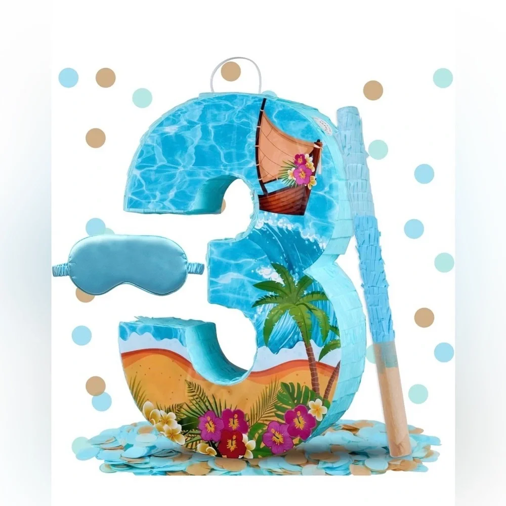 Tropical Beach Number 3 Pinata - Includes Stick, Blindfold & Confetti